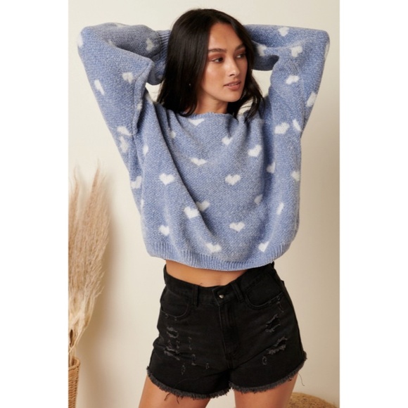 Sweaters - SOLD OUT Dusty Blue Heart Print Valentines Day Knit Drop Shoulder Knit Sweater